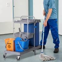 Carrello Pulizie a 3 Ripiani con Sacco per Immondizia e Strizzatore, 111x63.3x103 cm, Grigio Blu e Arancione