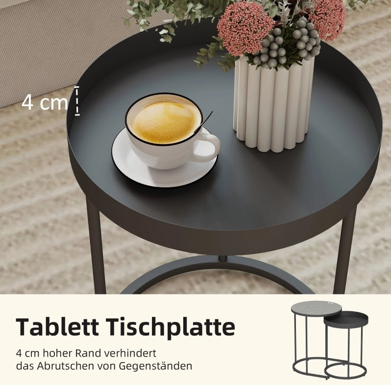 Set di 2 tavolini rotondi impilabili in MDF e metallo; grigio e nero