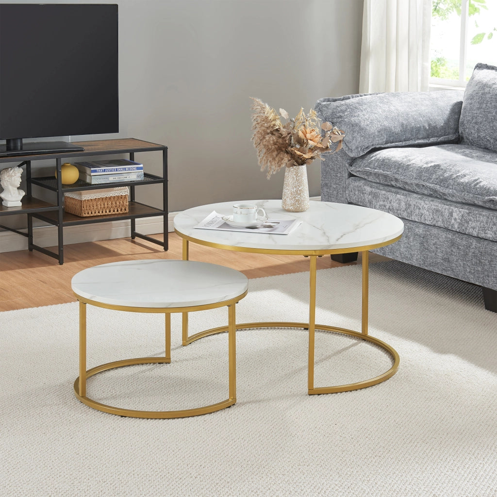 Set Christchurch 2 Tavolini Sovrapponbili con Piani Rotondi - Effetto Marmo Bianco / Oro [en.casa]