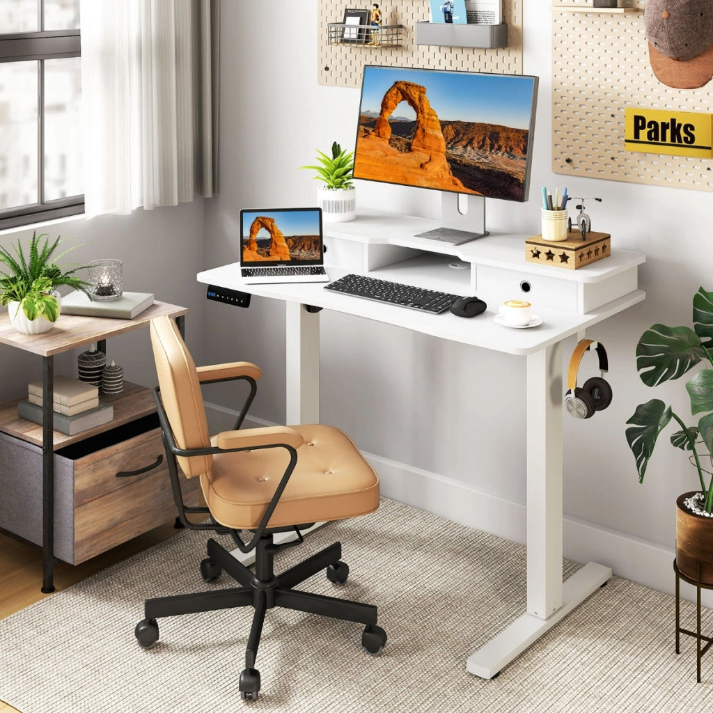 Scrivania elettrica regolabile in altezza con 2 cassetti, Scrivania con supporto per monitor 100 x 60 cm Bianco-Scrivanie