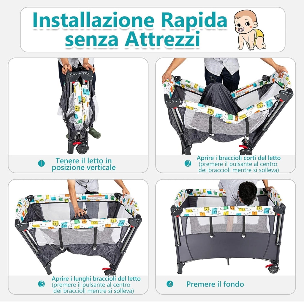 5 in 1 Lettino da Campeggio per Bambini, Lettino con Materasso per Neonato, Culla da Viaggio con Fasciatoio, Altezza Regolabile, Ruote con Freno, per Bambini 0-36 Mesi (Grigio)