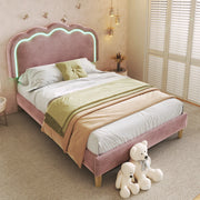 Letto singolo 90x200 cm in velluto rosa con testiera regolabile e luci LED