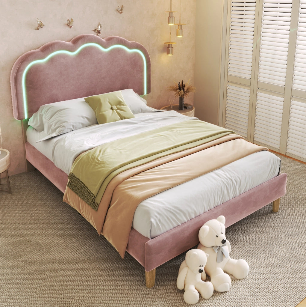 Letto singolo 90x200 cm in velluto rosa con testiera regolabile e luci LED