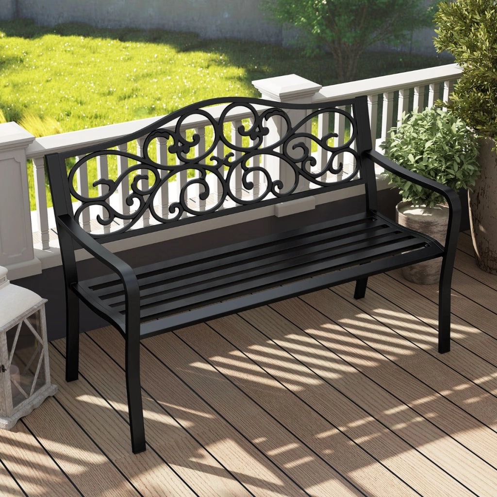 Panchina da giardino con schienale a design fiorito e seduta a listoni, Panchina da giardino da esterno da 128 cm Nero
