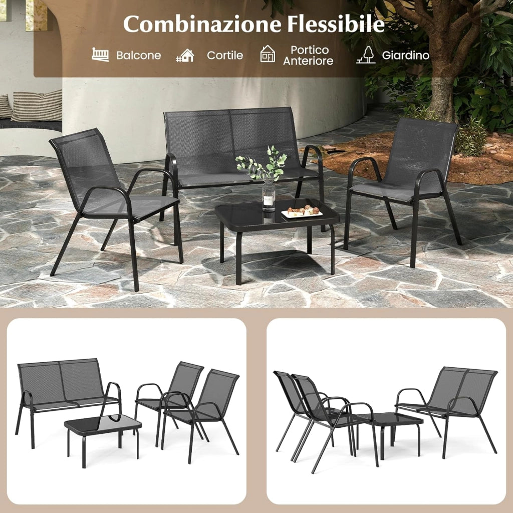 Set Tavolo e Poltrona da Giardino, Set di Mobili 4 Pezzi per Esterno, con Tavolino in Vetro Temperato, Panca e 2 Poltrone, per Giardino Balcone Piscina (Grigio)