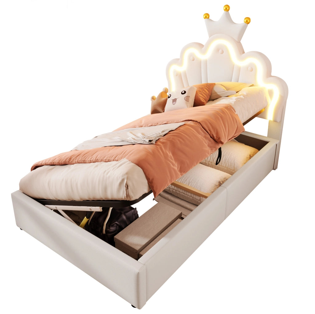 Letto imbottito 90x200 cm in PU bianco con LED; testiera regolabile e contenitore idraulico