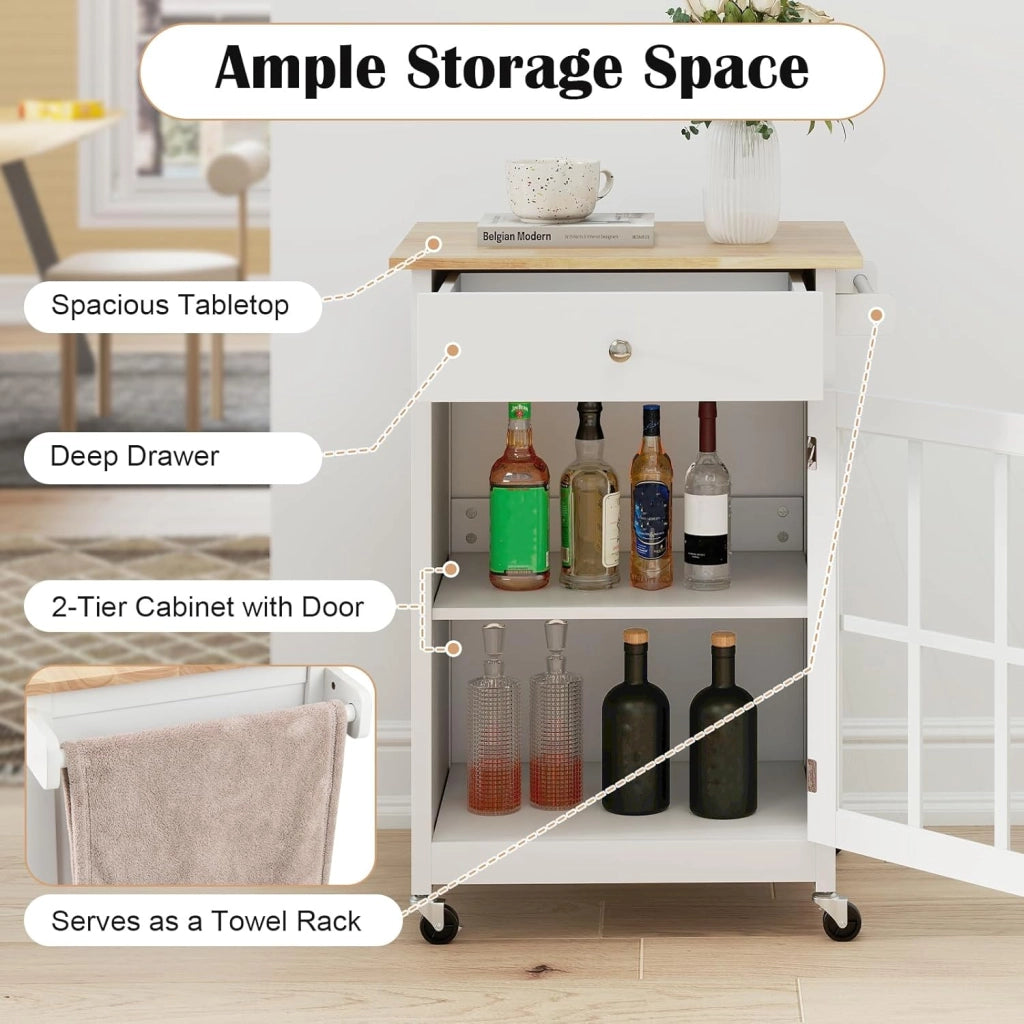 Carrello da cucina con 1 cassetto e 1 scomparto recintato con porta in vetro trasparente, carrello mobile con piano spazioso e 4 ruote, ripiano regolabile, maniglia di spinta laterale