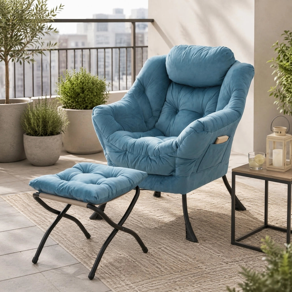 SEDIA Relax con Pouf Blu in Tessuto e Metallo
