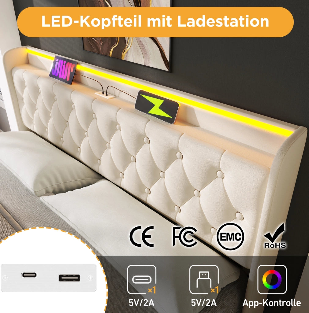 Letto matrimoniale 160x200 cm con LED, USB-C e contenitore