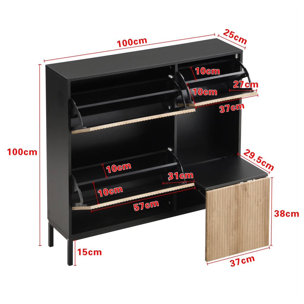 Scarpiera con 3 Ante a Ribalta e Panca Estraibile; Vano a Giorno; Stile Moderno; in MDF; Nero e Naturale; 100×25×100 cm