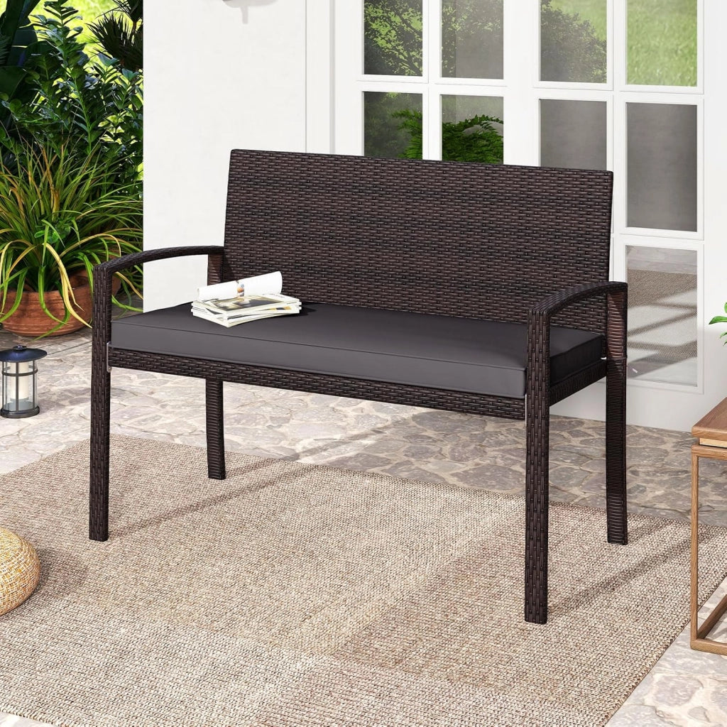 Panchina da Esterno in Rattan PE 110 x 56 x 84 cm, Panchina da Giardino con Morbido Cuscino, Schienale e Braccioli, Poltrona per Veranda, Balcone e Ingresso (Grigio)