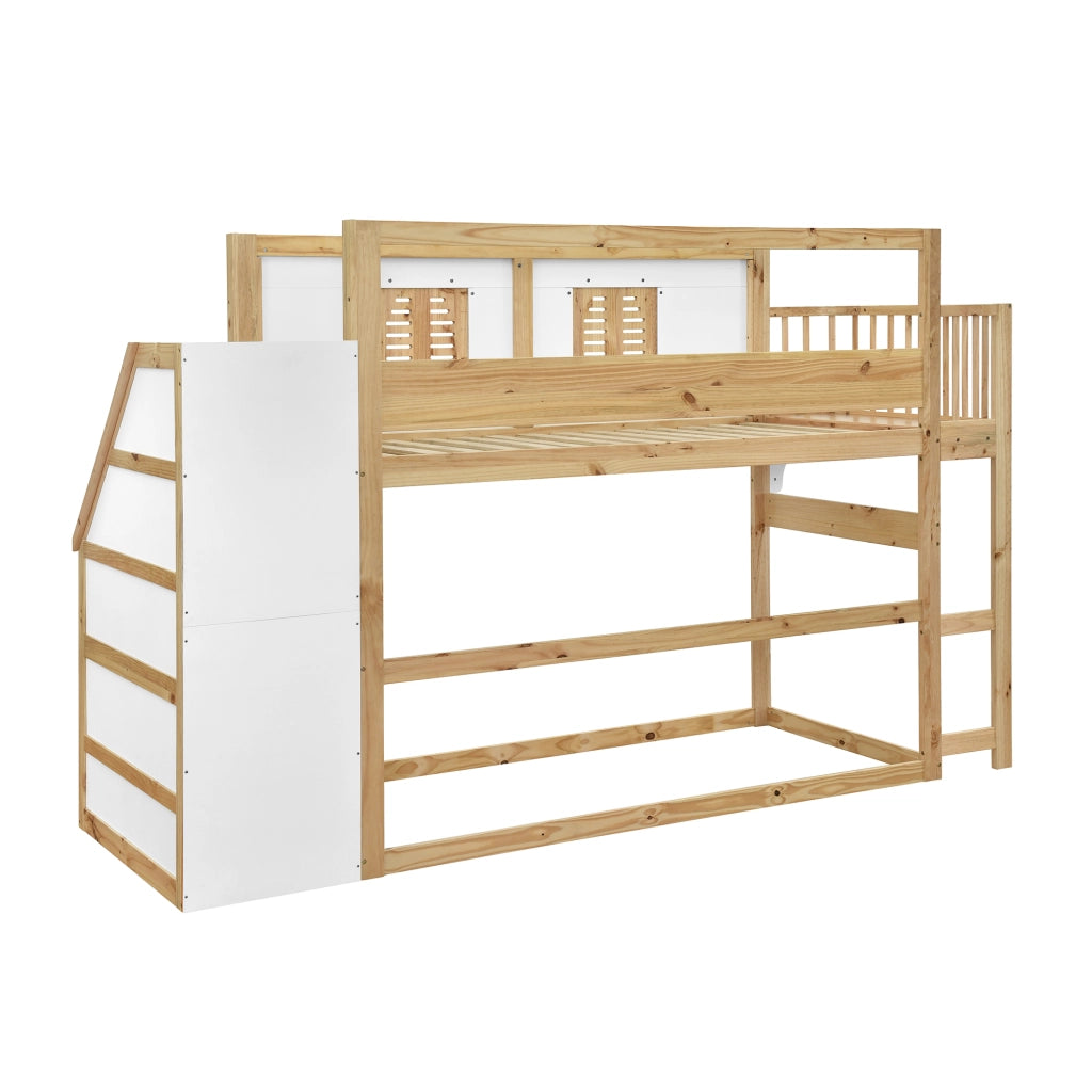 Letto a soppalco 90x200 cm, letto per bambini, con contenitore, design a finestra, pino + MDF, bianco + color legno naturale
