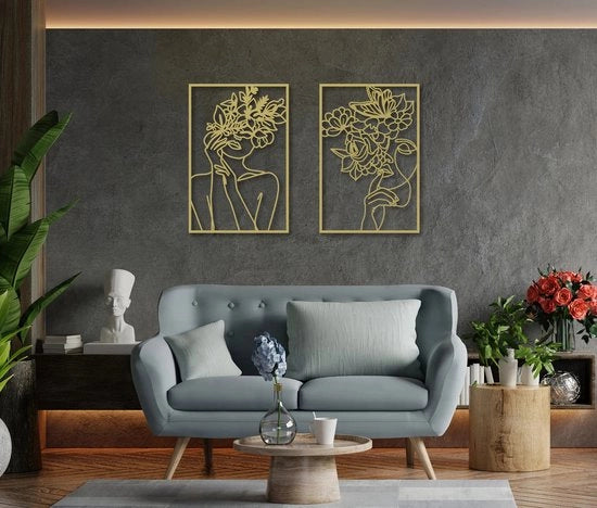Decorazione per Parete in Metallo - Donna - Arte 3D - Oro - 45 x 68 cm - Set a 2 pezzi