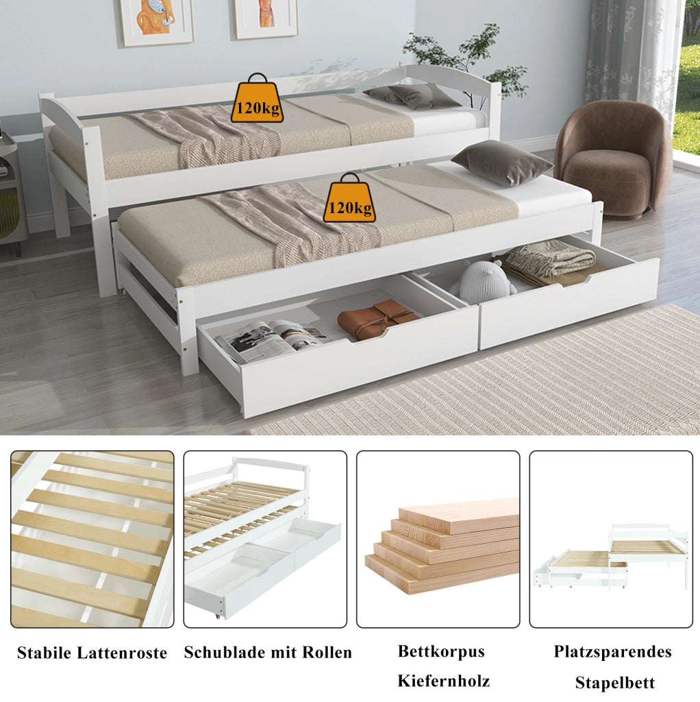 Letto estraibile con 2 cassetti in pino e MDF bianco 90x200 cm