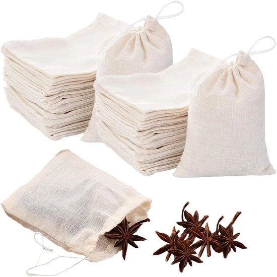 Set di Tasche Mousseline da 50 pezzi - Tasche da Corda in Cotone - Tasche per Tè Riciclabili - Tasche per Tè - Tasche da Lavare per Spezie - Dimensioni 8x10 cm
