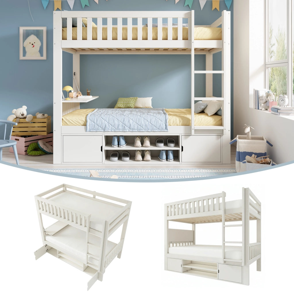 Letto a castello per bambini 90 × 200 cm con tavolo pieghevole, scarpiera e armadi, senza materasso