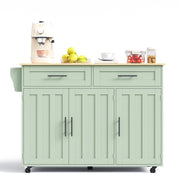Isola Cucina Mobile 129x46/71x91,5 cm Verde Antico con Piano Ribaltabile, 2 Cassetti e 5 Ruote