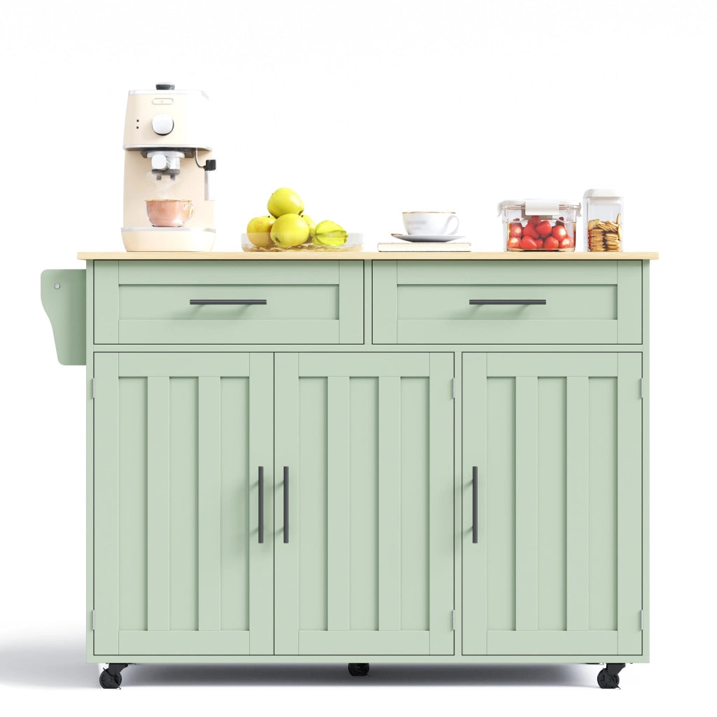 Isola Cucina Mobile 129x46/71x91,5 cm Verde Antico con Piano Ribaltabile, 2 Cassetti e 5 Ruote