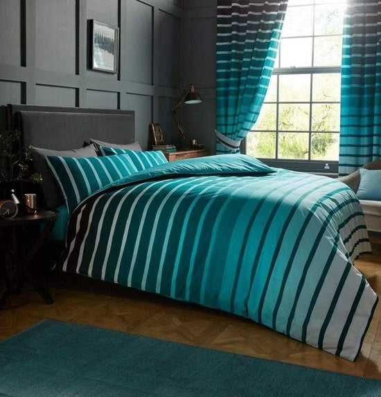 Set da letto con copriletto e cuscini, blu-verde, poliestere-cotone, doppio (200cm x 200cm)