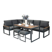Set Mobili da Esterno in Alluminio Divano Angolare Tavolino Sgabelli Effetto Legno