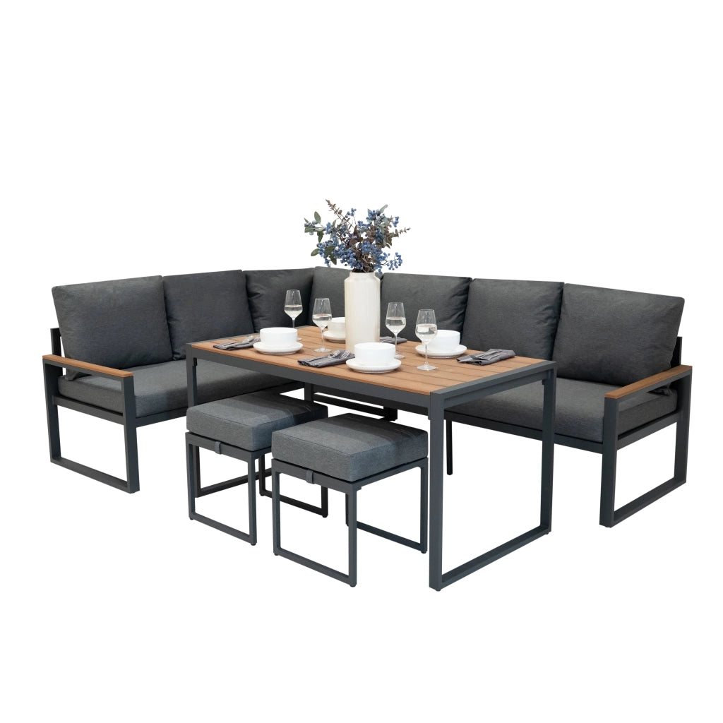 Set Mobili da Esterno in Alluminio Divano Angolare Tavolino Sgabelli Effetto Legno