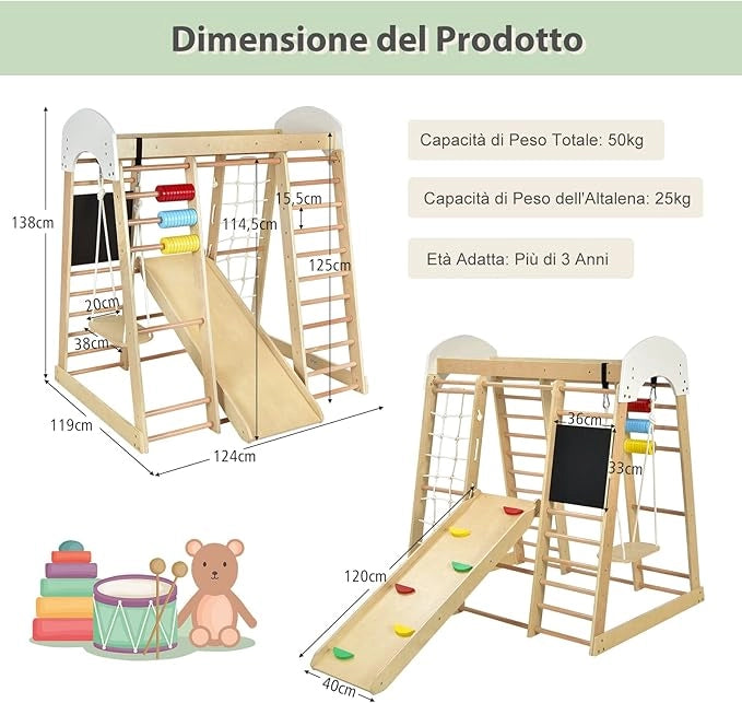 Set Arrampicata 8 in 1 per Bambini, Rocce da Arrampicata e Scala, con Scivolo Rete da Arrampicata, Barra Orizzontale, Centro attività di Legno per Bambini 3 Anni + (Stile 1 Naturale)