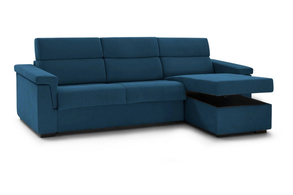 Cintano, Divano Fisso con Penisola Sfoderabile Made in Italy, 285x160 cm blu