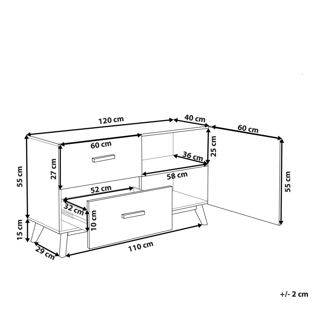 Credenza Bianca e Legno Chiaro MDF 2 Cassetti Scaffali Armadio Gambe in Legno Portaoggetti Soggiorno