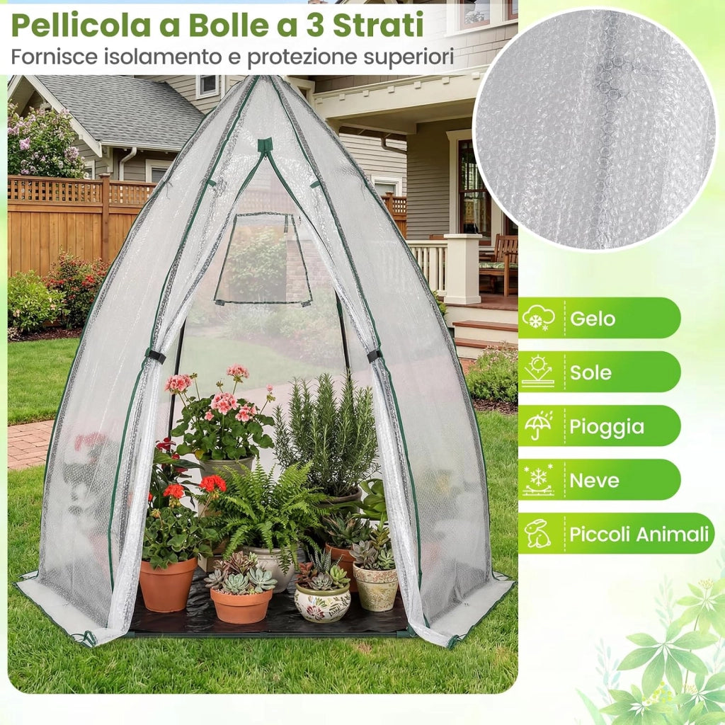 Mini Serra da Giardino 160 x 139 x 182 CM, Serra a Cupola Piccola da Esterno con Copertura in PE a Bolle Pesante, Porta con Cerniera, Finestra a Rete, Copertura del Pavimento