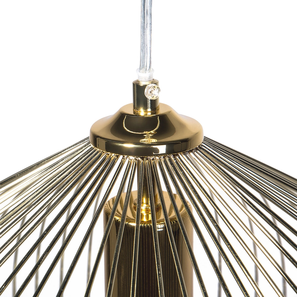 Lampada da soffitto in metallo color dorato paralume in filo metallico industriale