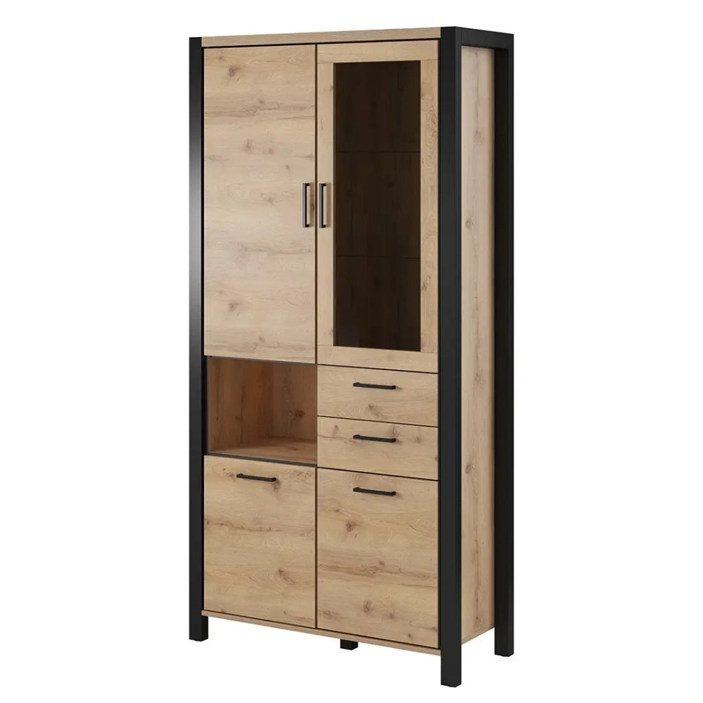 Vetrina alta XL collezione TIVORA. Colore quercia e nero. LED inclusi.