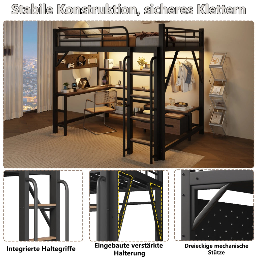 Letto a soppalco 140x200 cm con scrivania, LED e USB