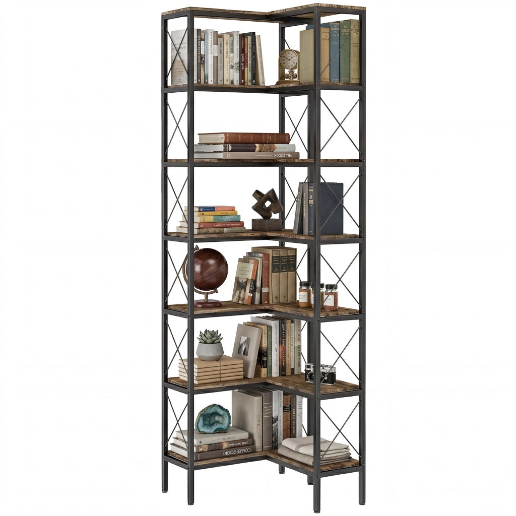 Libreria Angolare 6 Livelli ¨C zephmum ¨C Metallo Marrone Rustico 60x60x200