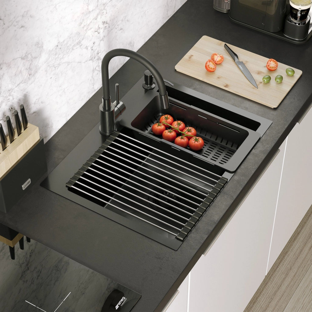Lavello In Acciaio Luke 110 Workstation Black con rubinetto da cucina