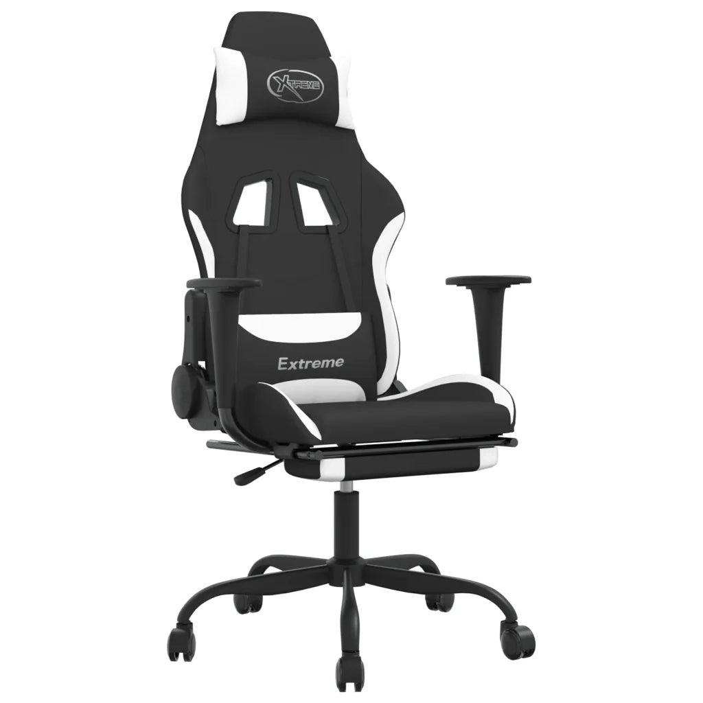 Sedia da Gaming | Sedia da e-sports Massaggio e Poggiapiedi Tessuto Nero e Bianco