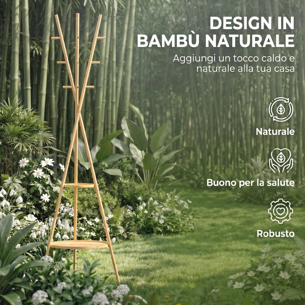 Albero Porta Abiti con 9 Ganci e 2 Ripiani. Naturale
