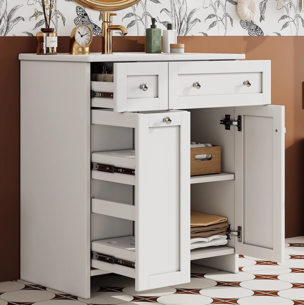 Mobile lavabo da bagno indipendente bianco con lavabo in ceramica e 3 cassetti pratici