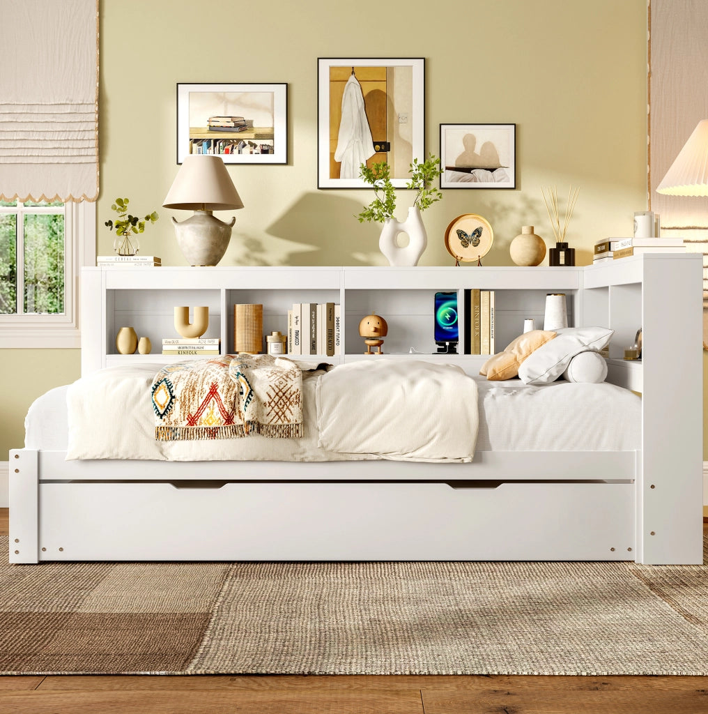 Daybed 90x200 cm con letto estraibile, presa e 2 USB, bianco
