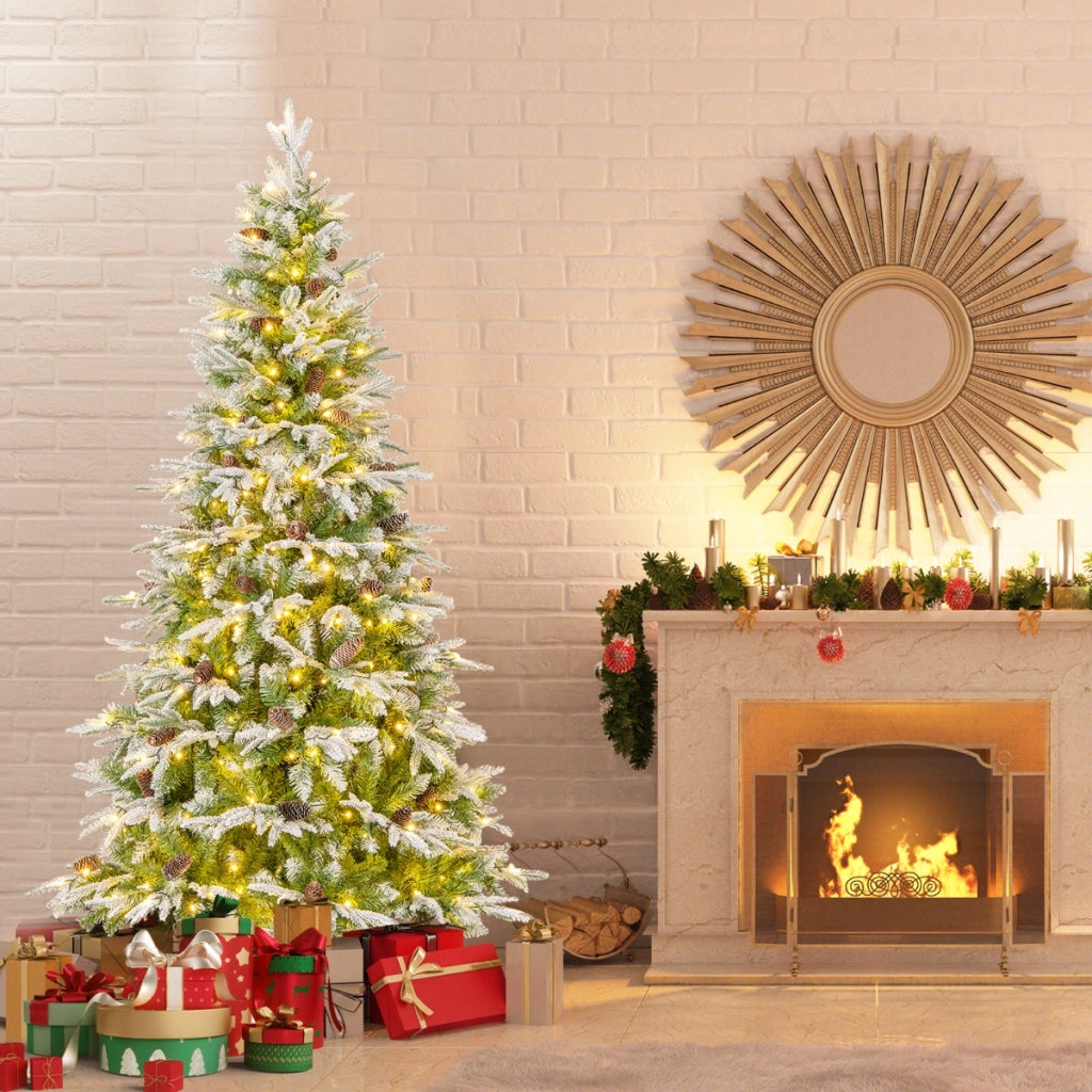 Albero di Natale artificiale pre-luminoso 190cm con rami articolati e 765 punte, Albero di Natale foderato di neve-Alberi di Natale
