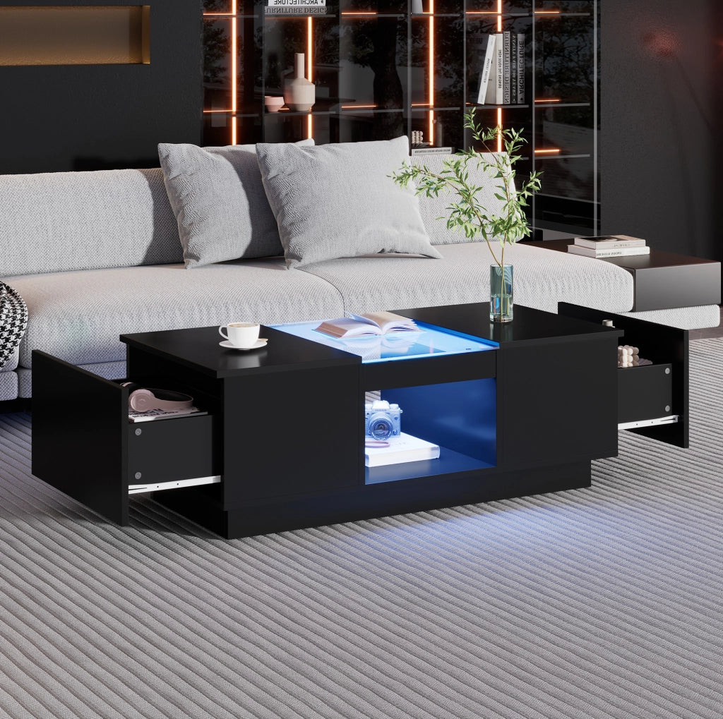 Tavolino 100x50x35，5 cm nero con vetro， LED e app， 2 cassetti