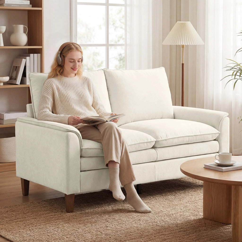 Divano 2 posti in tessuto Chenille ¨C Xylo ¨C imbottitura doppio strato, schienale alto, crema