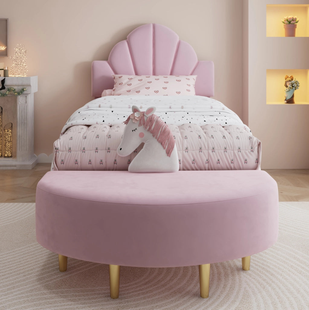 Letto imbottito 90x200 cm con testiera in velluto; panca coordinata e bordi anticolpo rosa