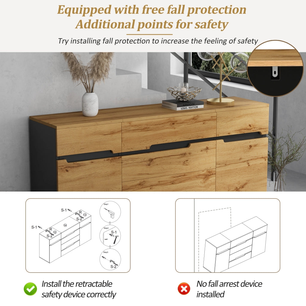 Credenza e madia con 2 ante e 4 cassetti, per soggiorno, in truciolato, color legno e nero, 160 × 40 × 80 cm