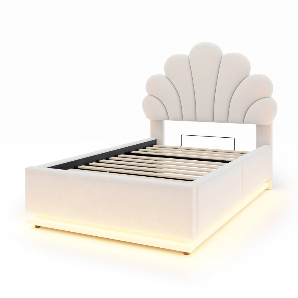 Letto Contenitore 90x200 cm; con LED e Contenitore Idraulico in Velluto Beige