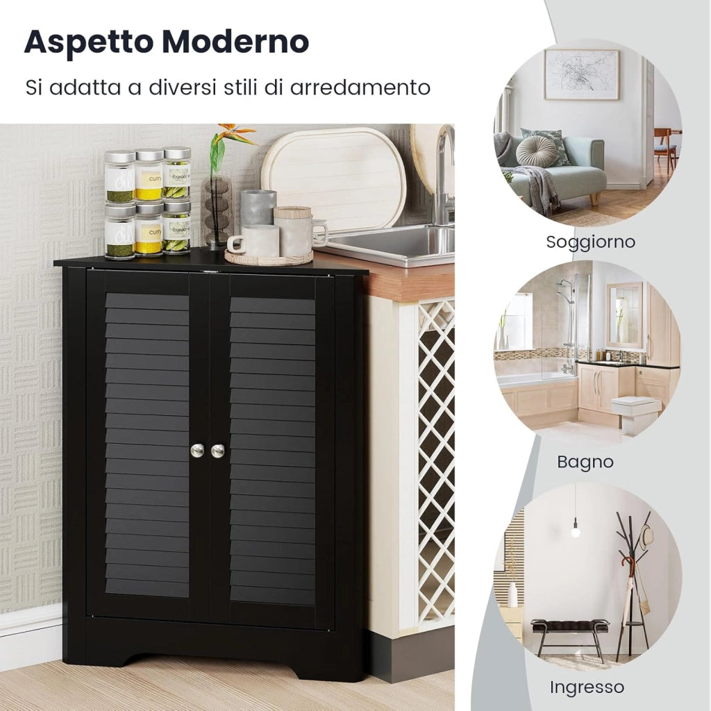 Mobile Angolare, Armadietto ad Angolo con 3 Livelli Ripiani, con 2 Ante e Ripiano Regolabile in Altezza, per Bagno, Ingresso, Soggiorno, Camera da Letto (Nero)