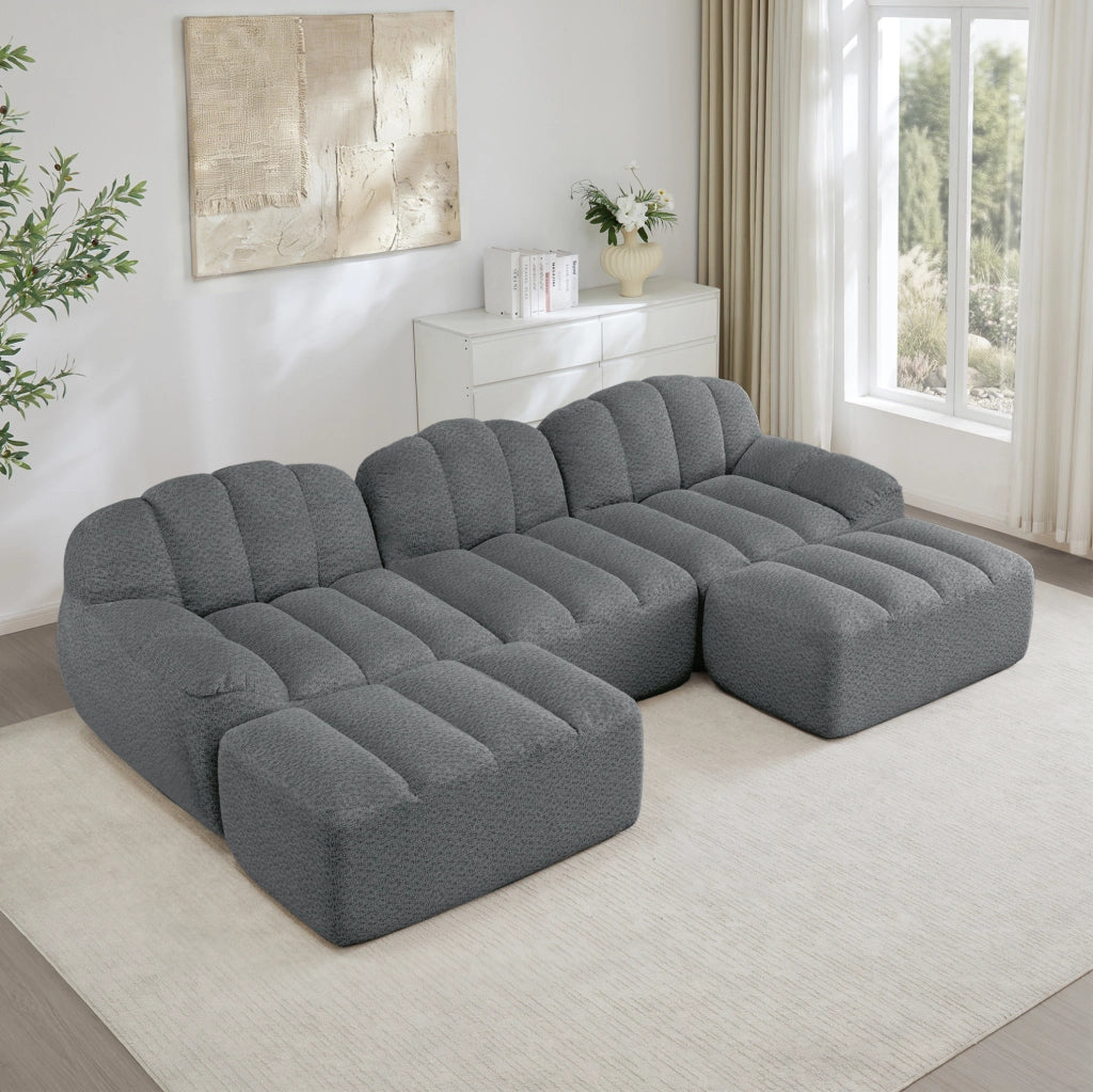 Divano modulare 3 posti con 2 pouf; configurazione a U o L; in tessuto fleece granulare grigio