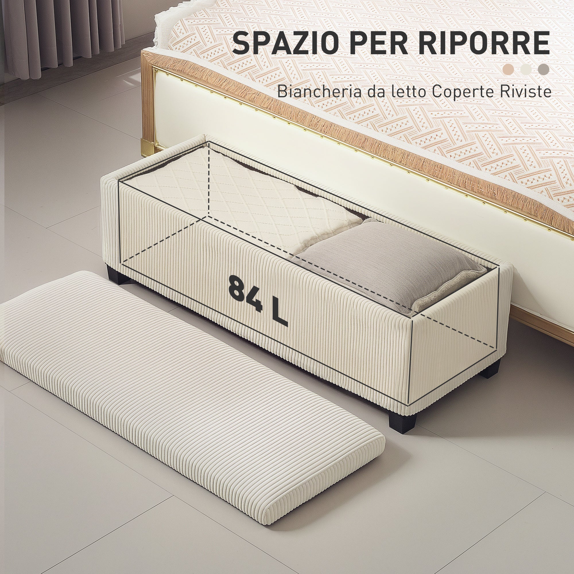 Panca Fondo Letto 112x42x40 cm con Spazio Contenitore da 84L in Tessuto Effetto Velluto a Coste e Acciaio Beige