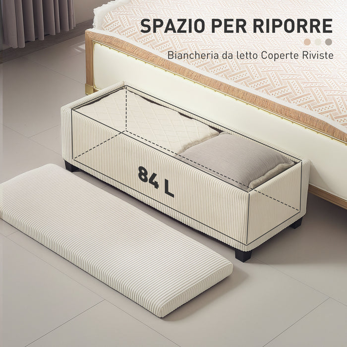 Panca Fondo Letto 112x42x40 cm con Spazio Contenitore da 84L in Tessuto Effetto Velluto a Coste e Acciaio Beige