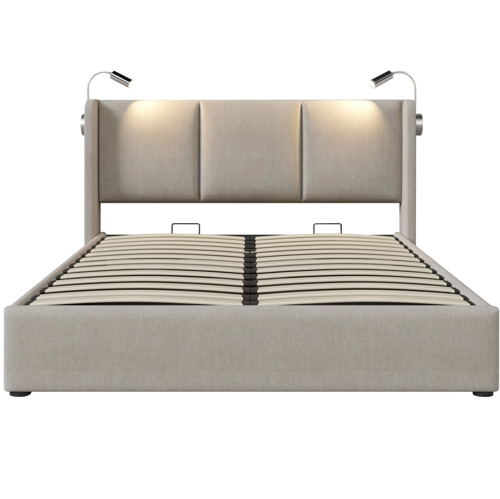 Letto matrimoniale 180x200 cm con contenitore; luce da lettura LED e USB; in lino beige