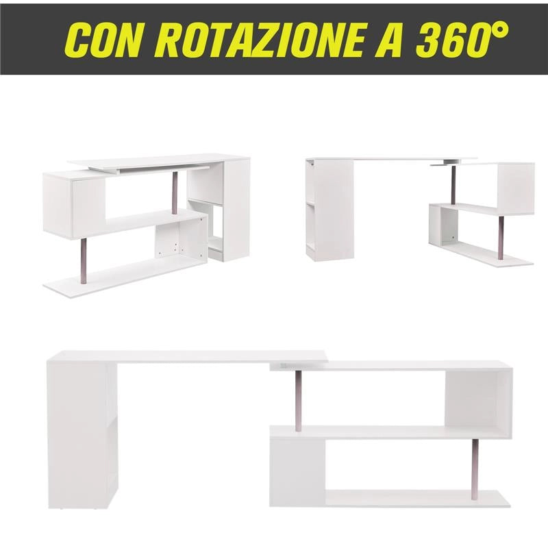 SCRIVANIA MODERNA  ANGOLARE PER PC CON LIBRERIA IN LEGNO BIANCO